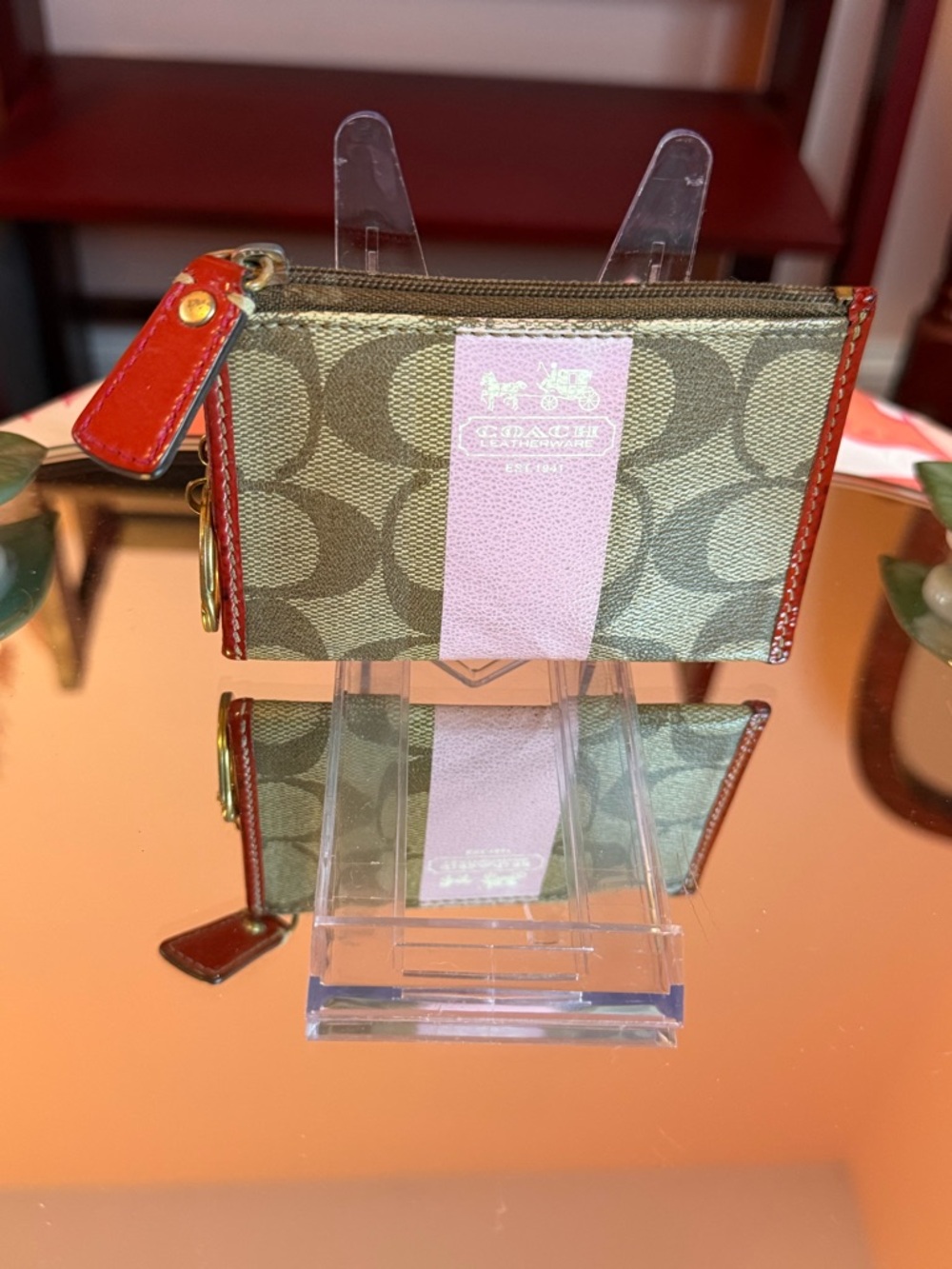 Coach Signature Canvas Zip Card Case with Pink Center Stripe and Red Trim